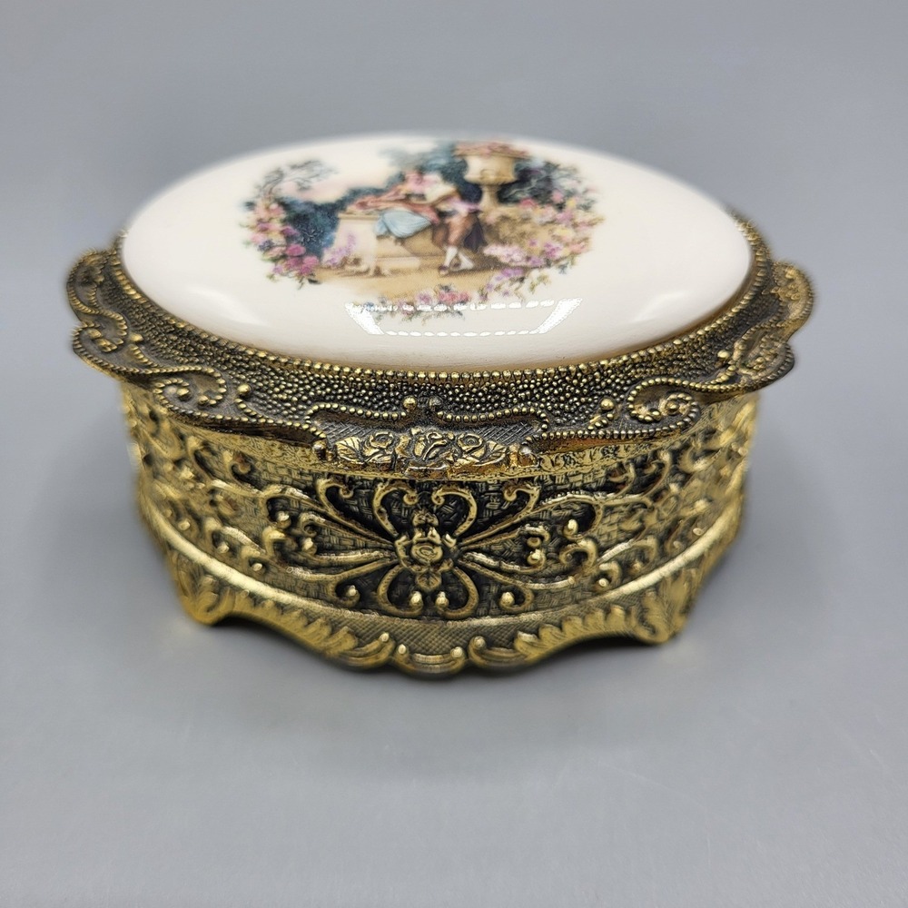 Vintage Sankyo Japan Trinket Jewelry Box Porcelain Painted Top DOES NOT WORK
